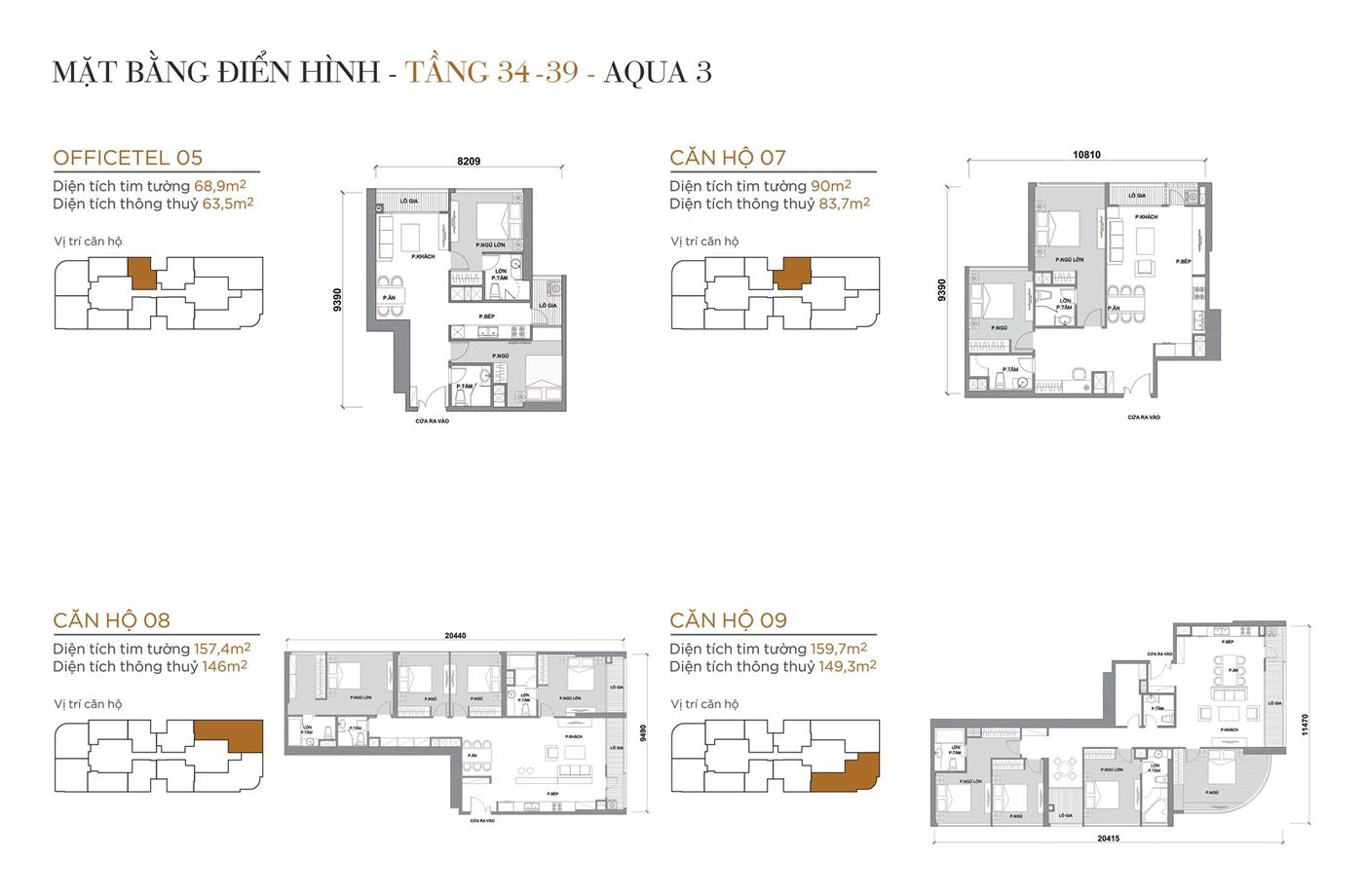 Layout thiết kế điển hình Tầng 34 đến Tầng 39 Tòa Aqua 3 loại Officetel 05, Căn hộ 07, Căn hộ 08, Căn hộ 09.