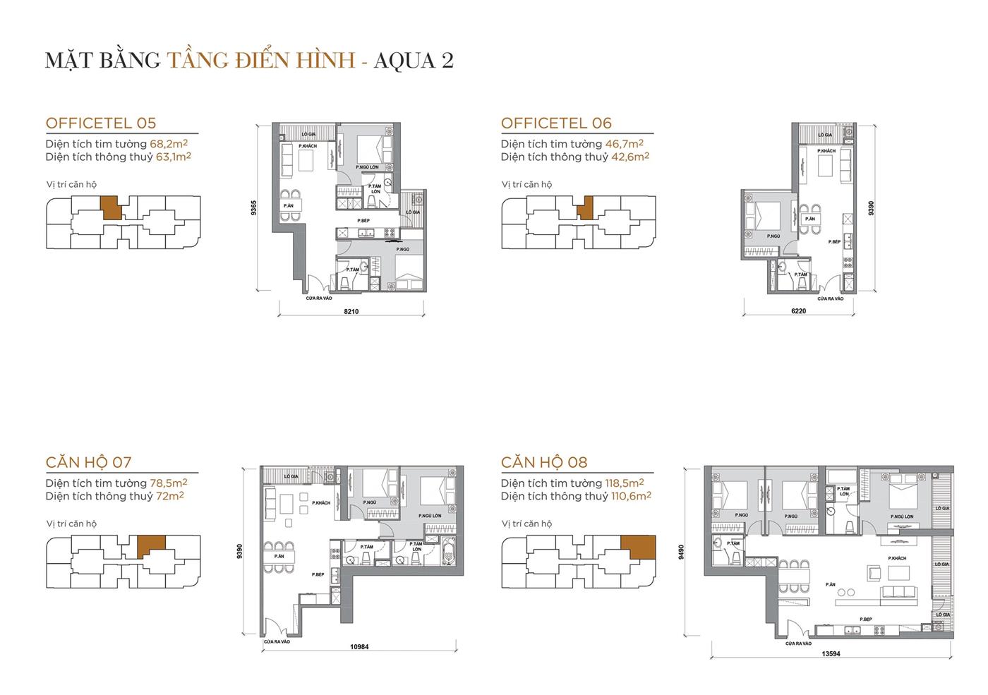 Layout thiết kế tầng điển hình Tòa Aqua 2 loại Officetel 05, Officetel 06, Căn hộ 07, Căn hộ 08.