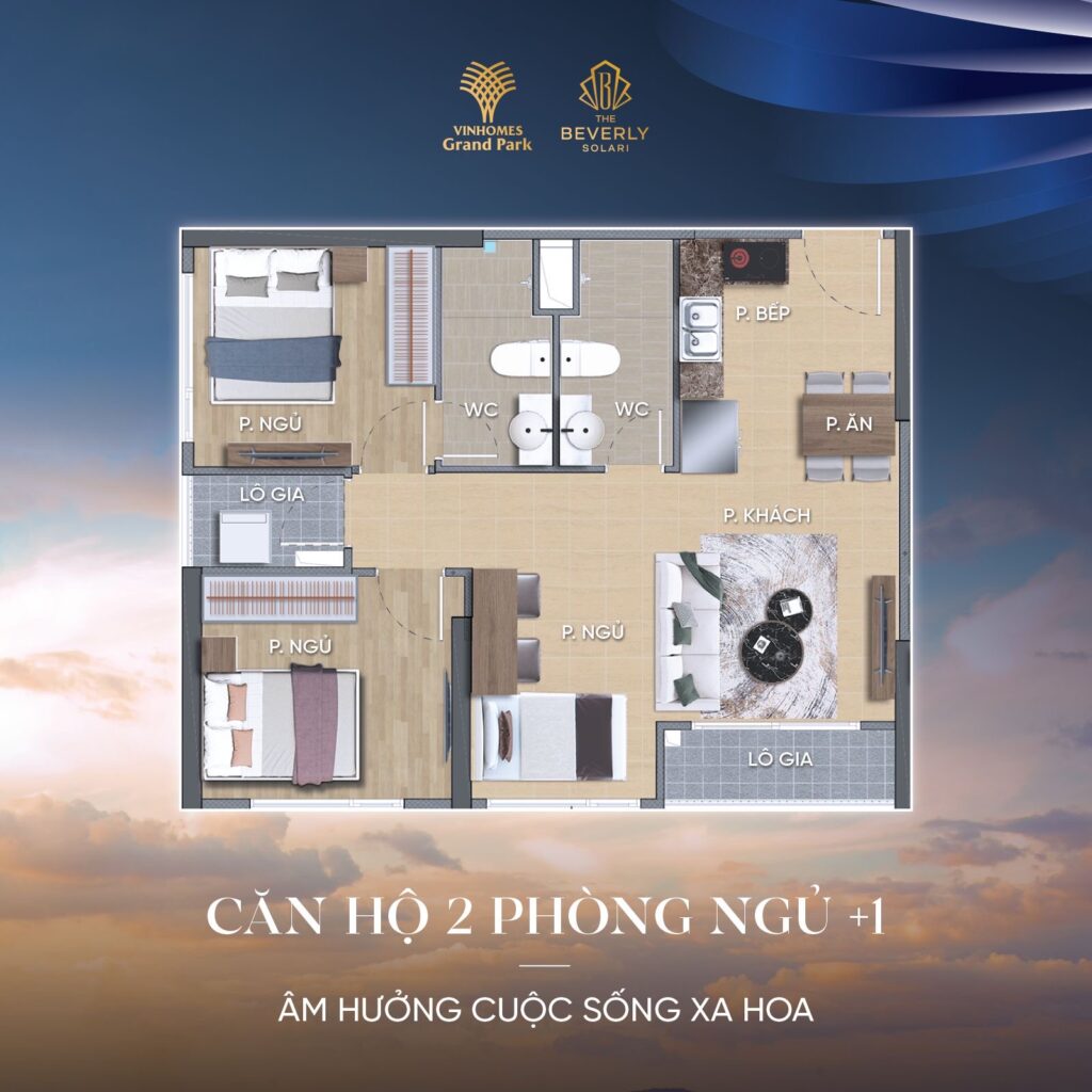Layout thiết kế căn hộ 2PN+1 - The Tropical