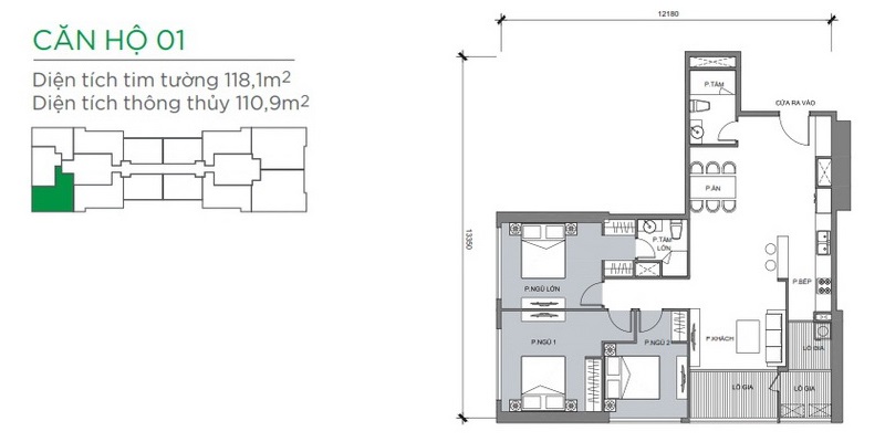 Mặt bằng căn hộ 3PN tòa Park 3 Vinhomes Central Park