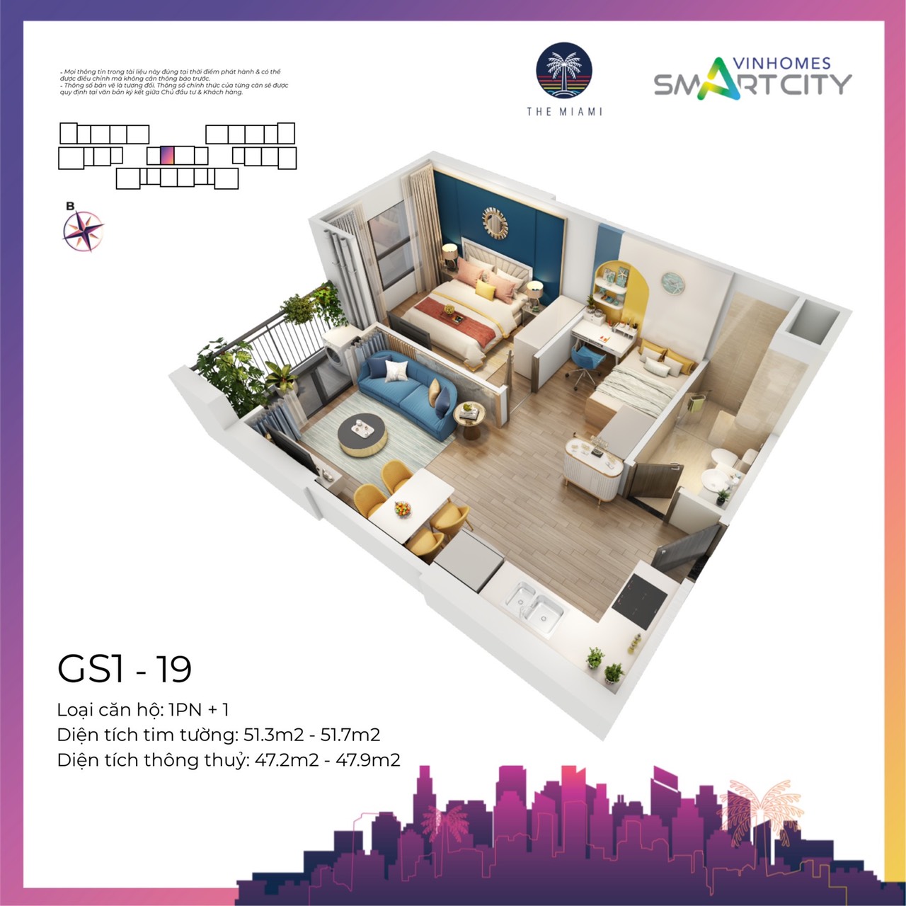 Thiết kế 3D căn hộ 1PN+1 GS1 Vinhomes Smart City