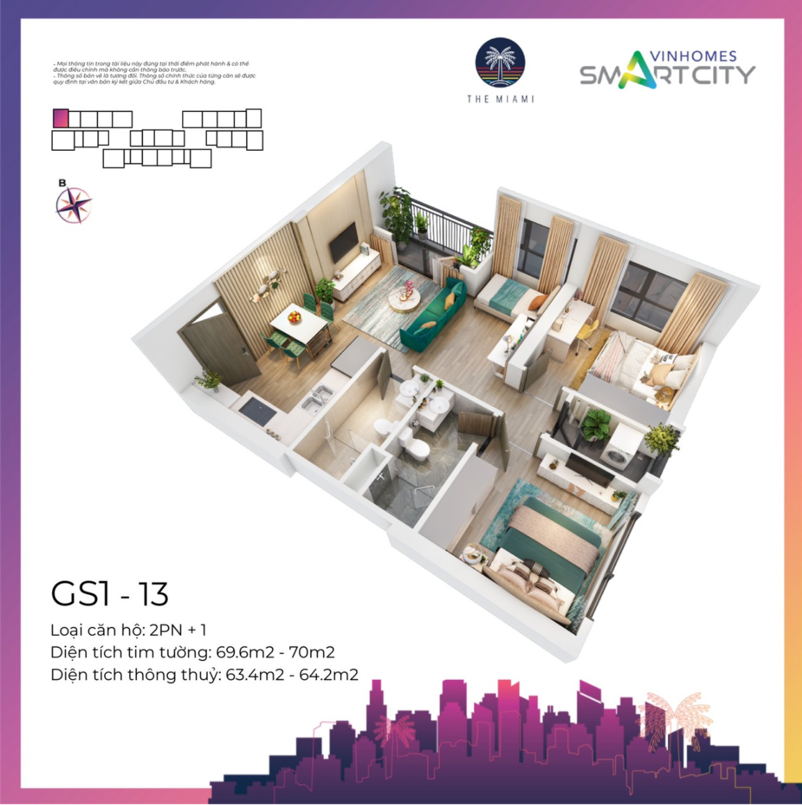 Thiết kế 3D căn hộ 2PN+1 GS1 Vinhomes Smart City