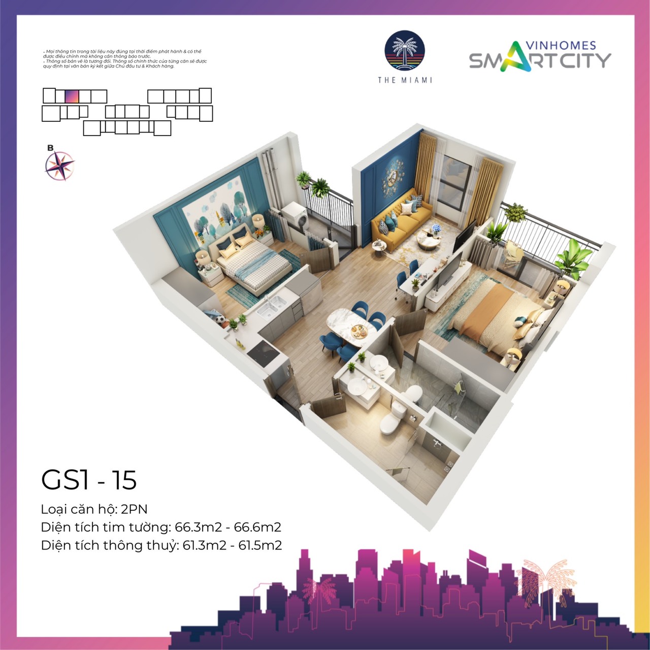 Thiết kế 3D căn hộ 2PN GS1 Vinhomes Smart City
