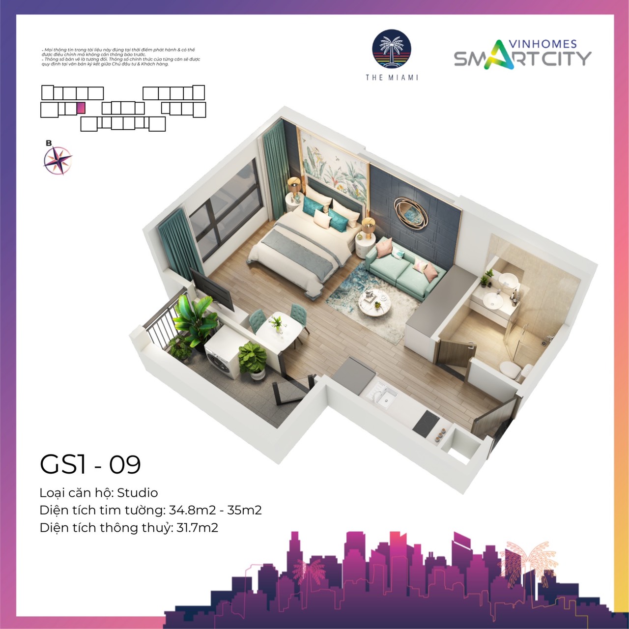 Thiết kế 3D căn hộ Studio GS1 Vinhomes Smart City 