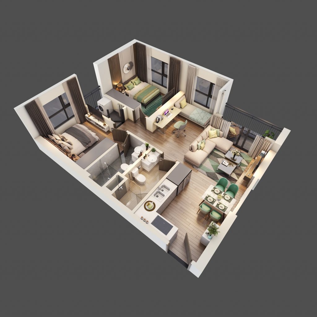 Thiết kế 3D căn hộ 2PN+1 GS2 Vinhomes Smart City 64m2