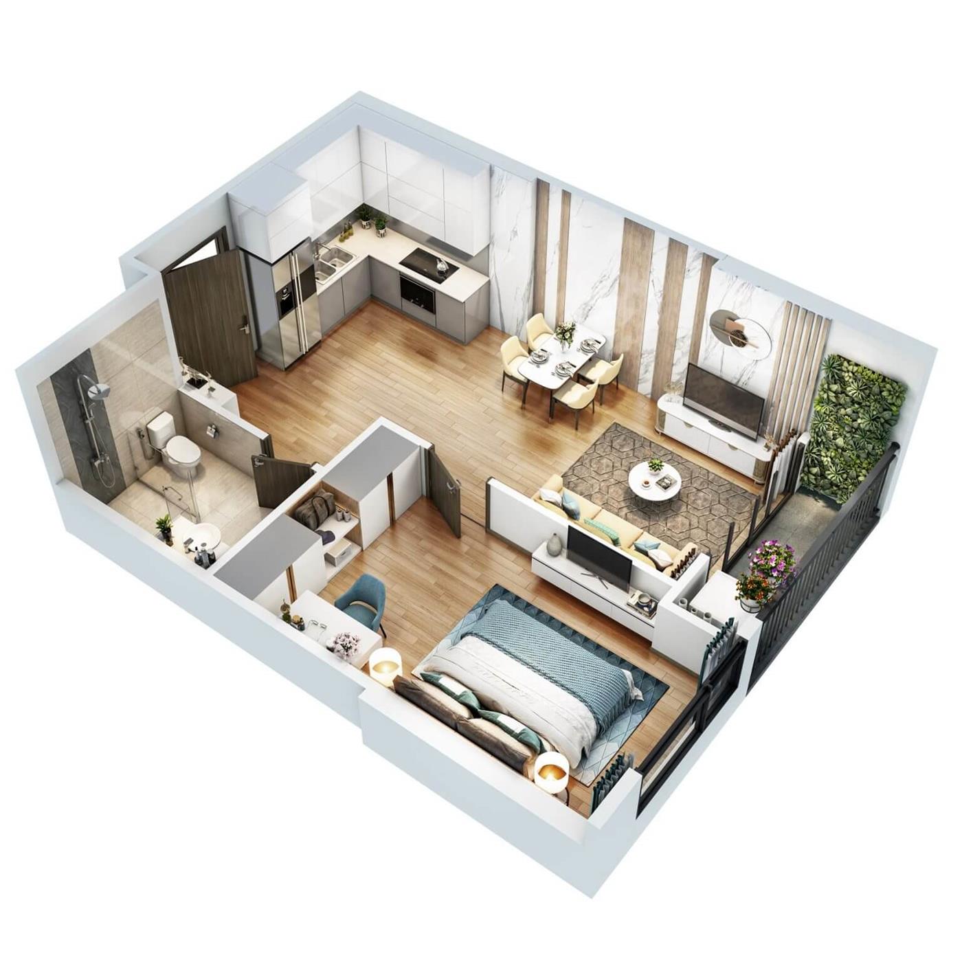 Thiết kế 3D căn hộ 1PN GS2 Vinhomes Smart City 48m2