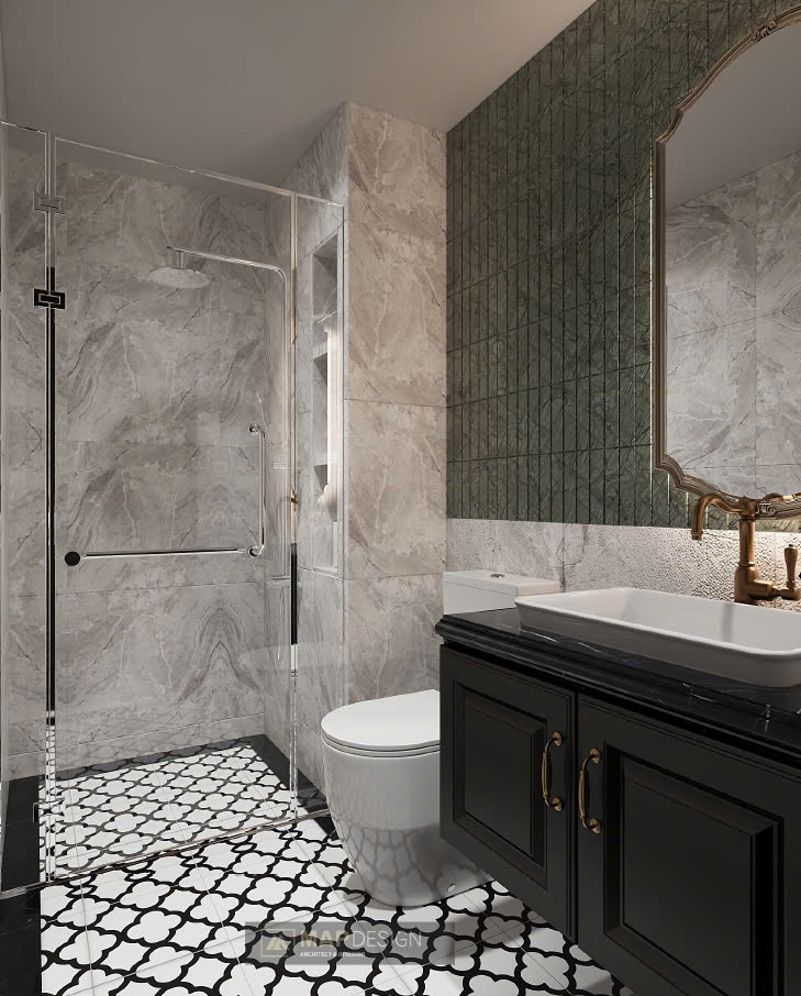 Thiết kế phòng tắm với họa tiết gạch bông đặc trưng của phong cách Indochine.