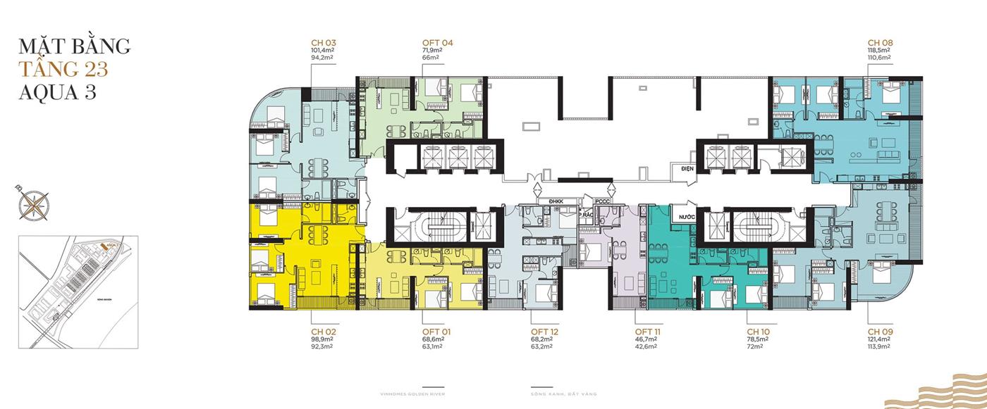 Măt bằng điển hình Tầng 23 Tòa Aqua 3 Vinhomes Golden River.
