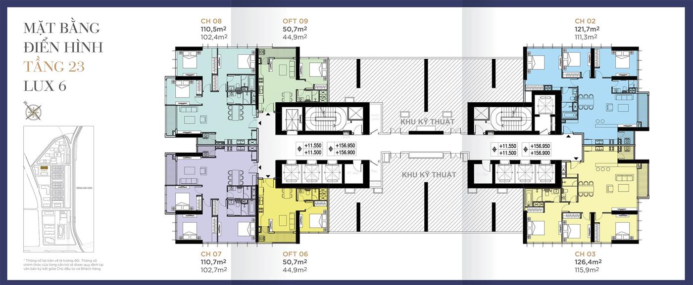 Măt bằng điển hình Tầng 23 Tòa Lux 6 Vinhomes Golden River.