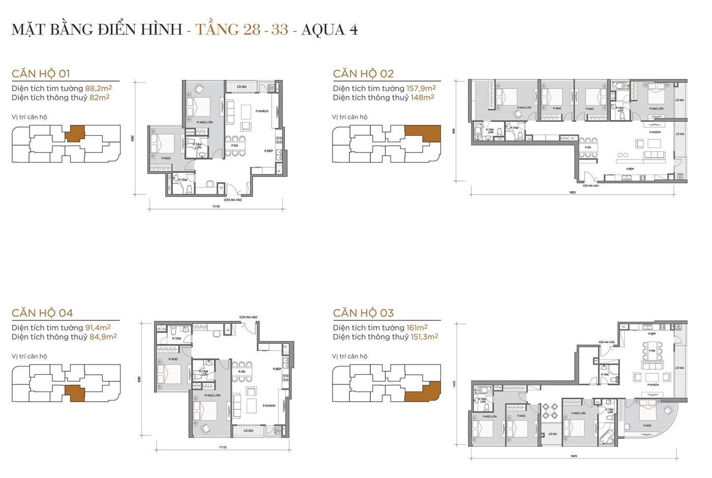 Layout thiết kế điển hình Tầng 28 đến Tầng 33 Tòa Aqua 4 loại Căn hộ 01, Căn hộ 02, Căn hộ 03, Căn hộ 04.