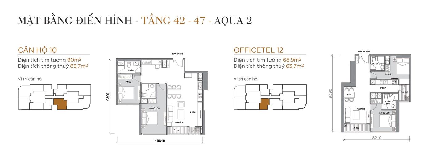 Layout thiết kế điển hình Tầng 42 đến Tầng 47 Tòa Aqua 2 loại Căn hộ 10, Officetel 12.