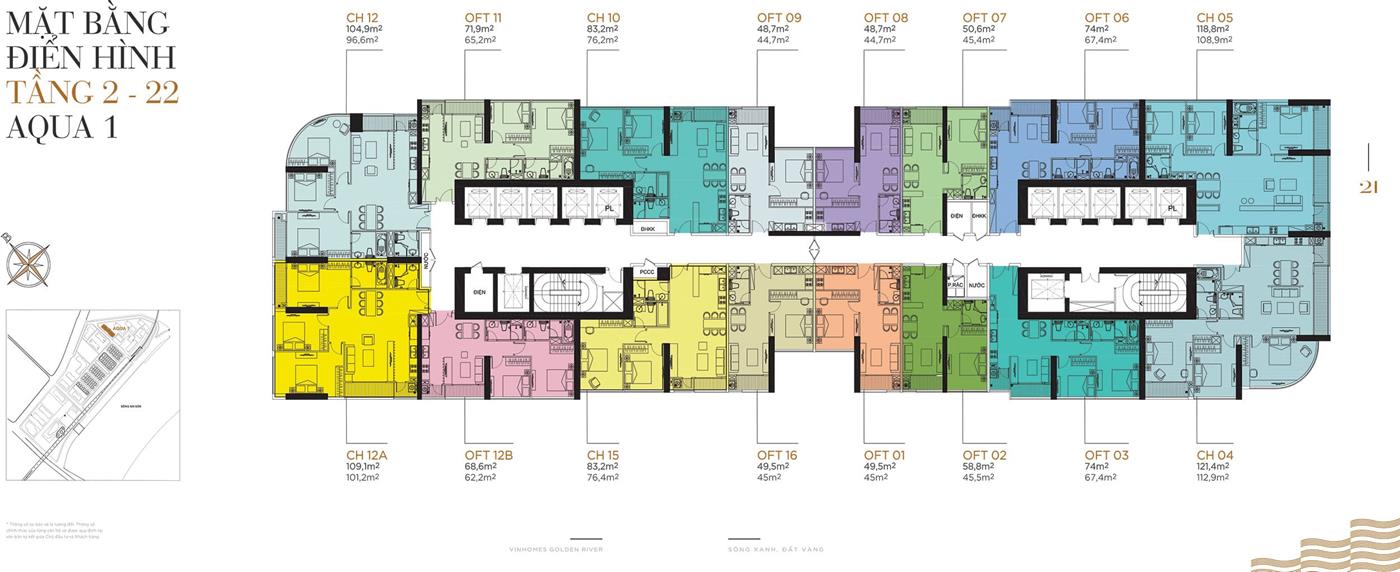 Layout điển hình Tòa Aqua 1 Vinhomes Golden River từ Tầng 2 đến Tầng 22.