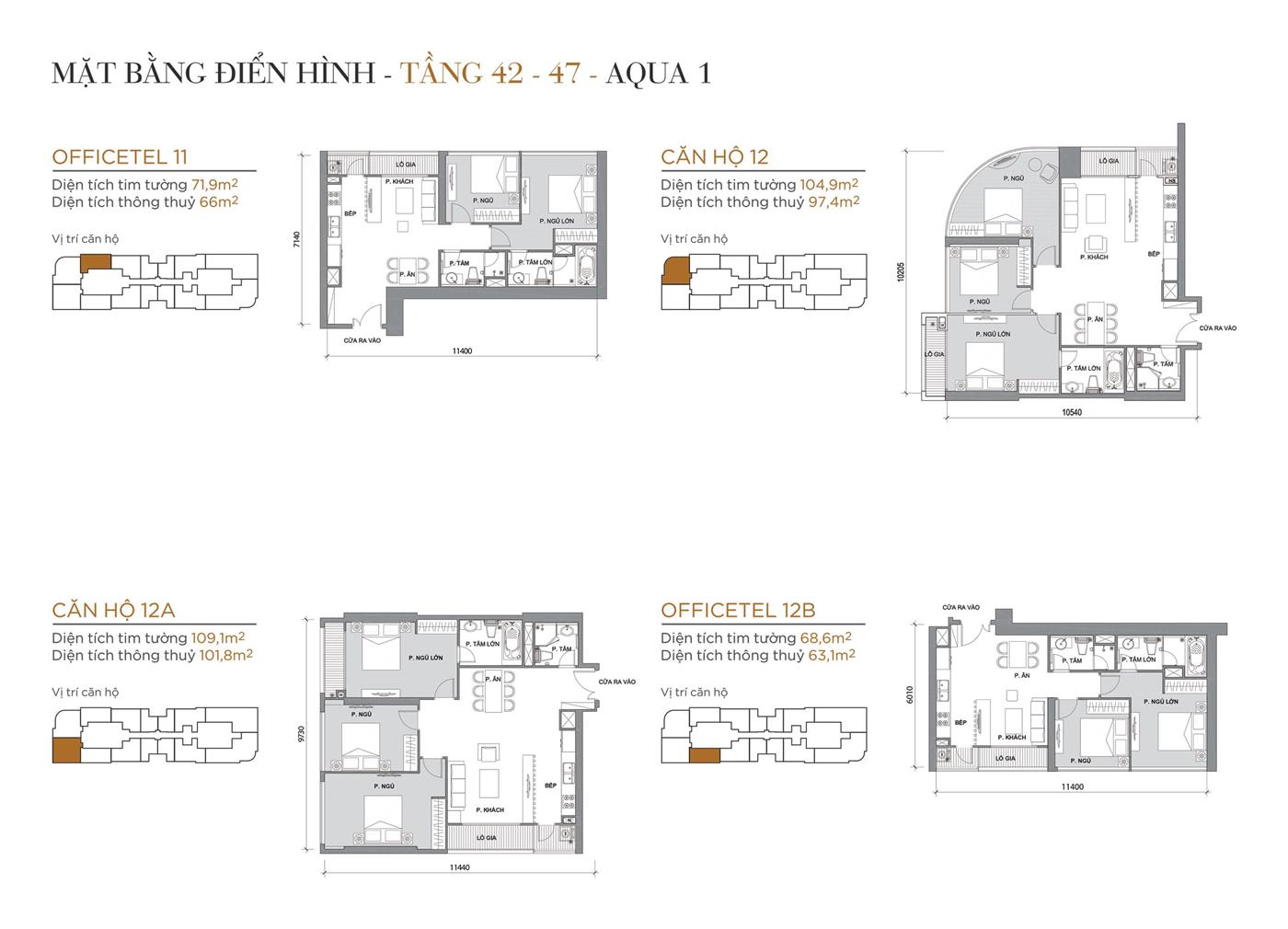 Layout thiết kế điển hình Tầng 42 đến Tầng 47 Tòa Aqua 1 loại Officetel 11, Căn hộ 12, Căn hộ 12A, Officetel 12B.