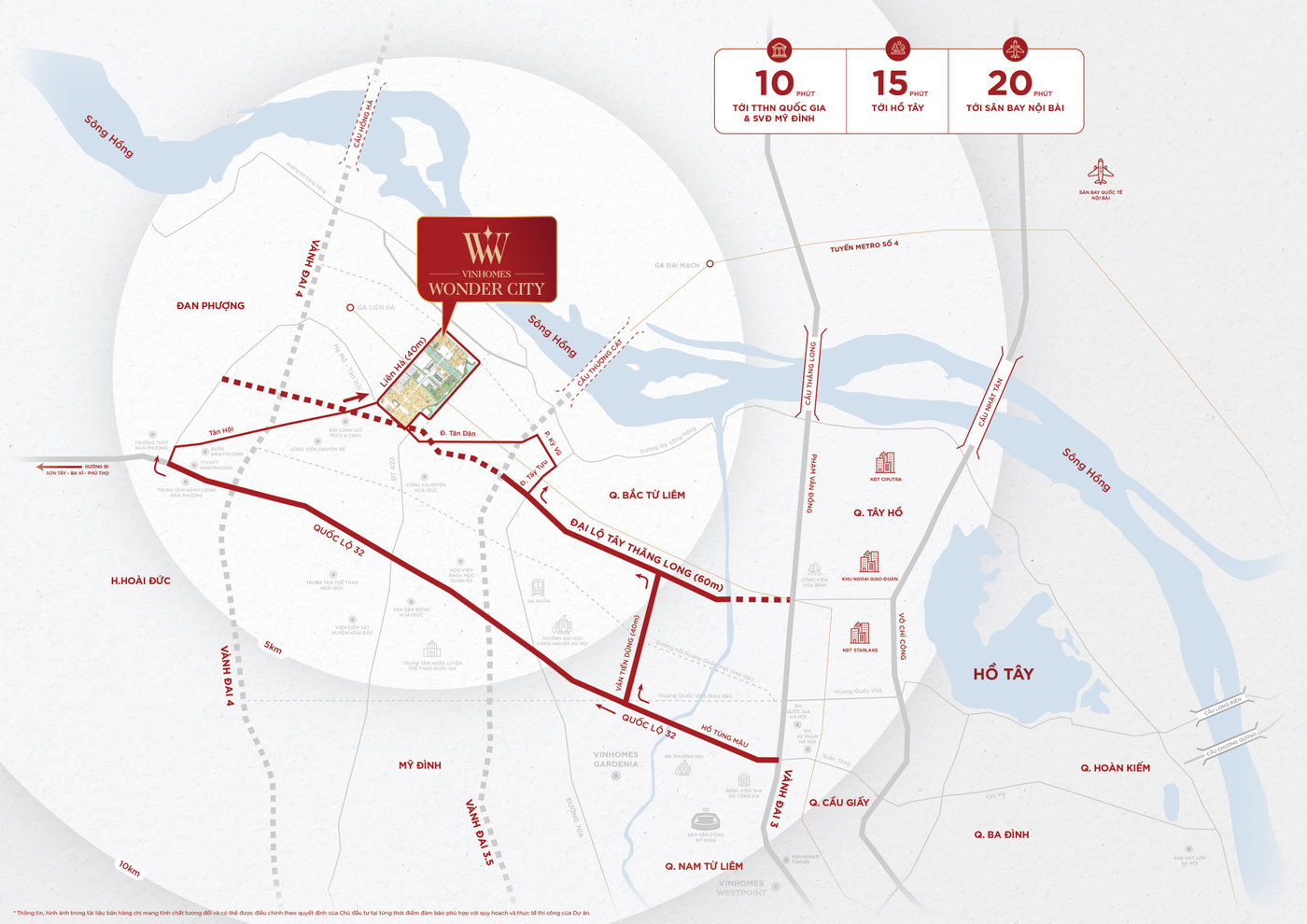Mặt bằng vị trí Vinhomes Wonder City (Đan Phượng) liên kết với nhiều khu vực quan trọng.