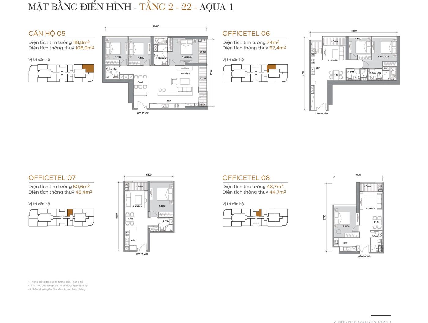 Layout thiết kế điển hình Tầng 2 đến Tầng 22 Tòa Aqua 1 loại căn hộ 05, Officetel 06, Officetel 07, Officetel 08.