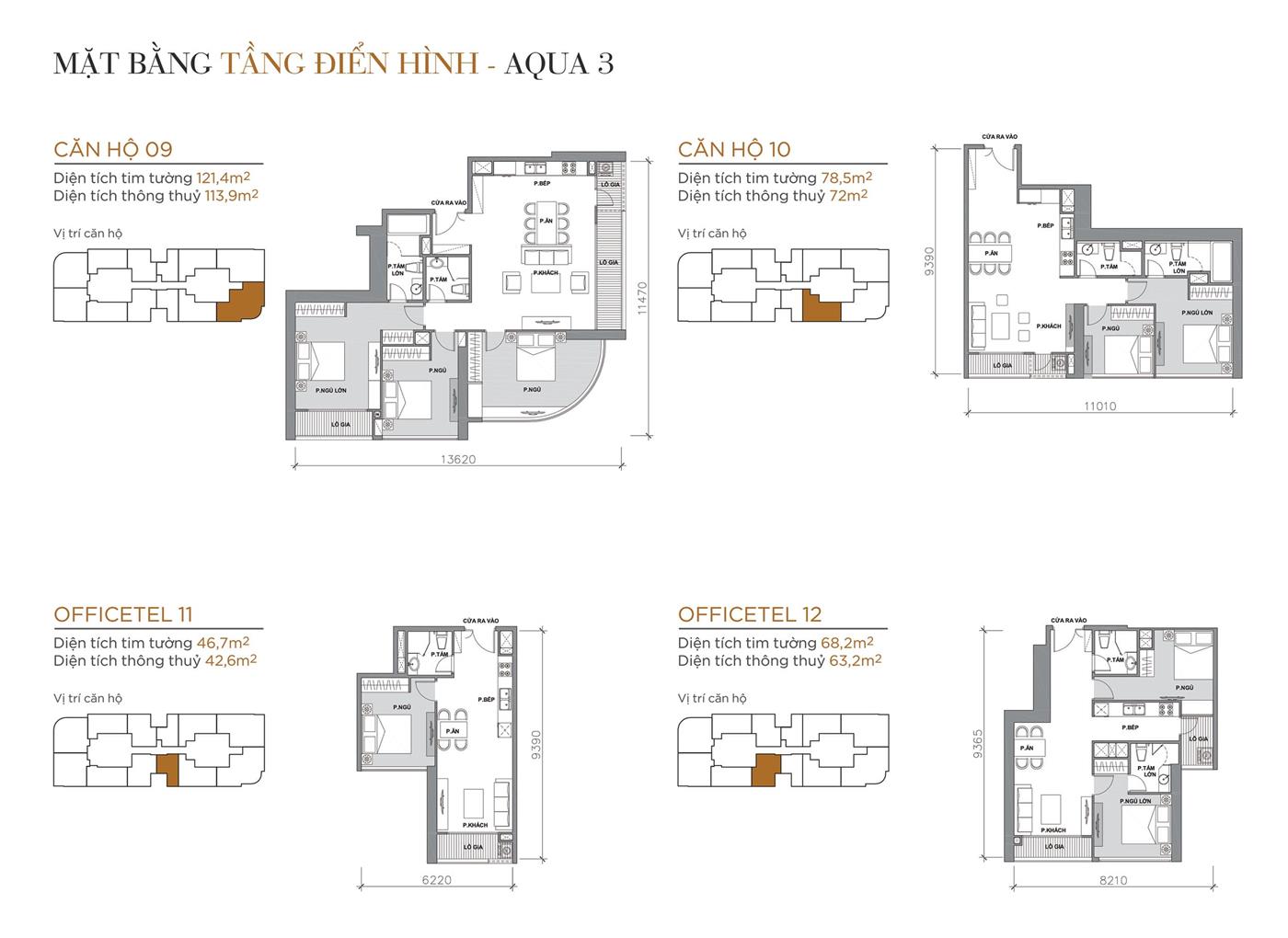Layout thiết kế tầng điển hình Tòa Aqua 3 loại Căn hộ 09, Căn hộ 10, Officetel 11, Officetel 12.