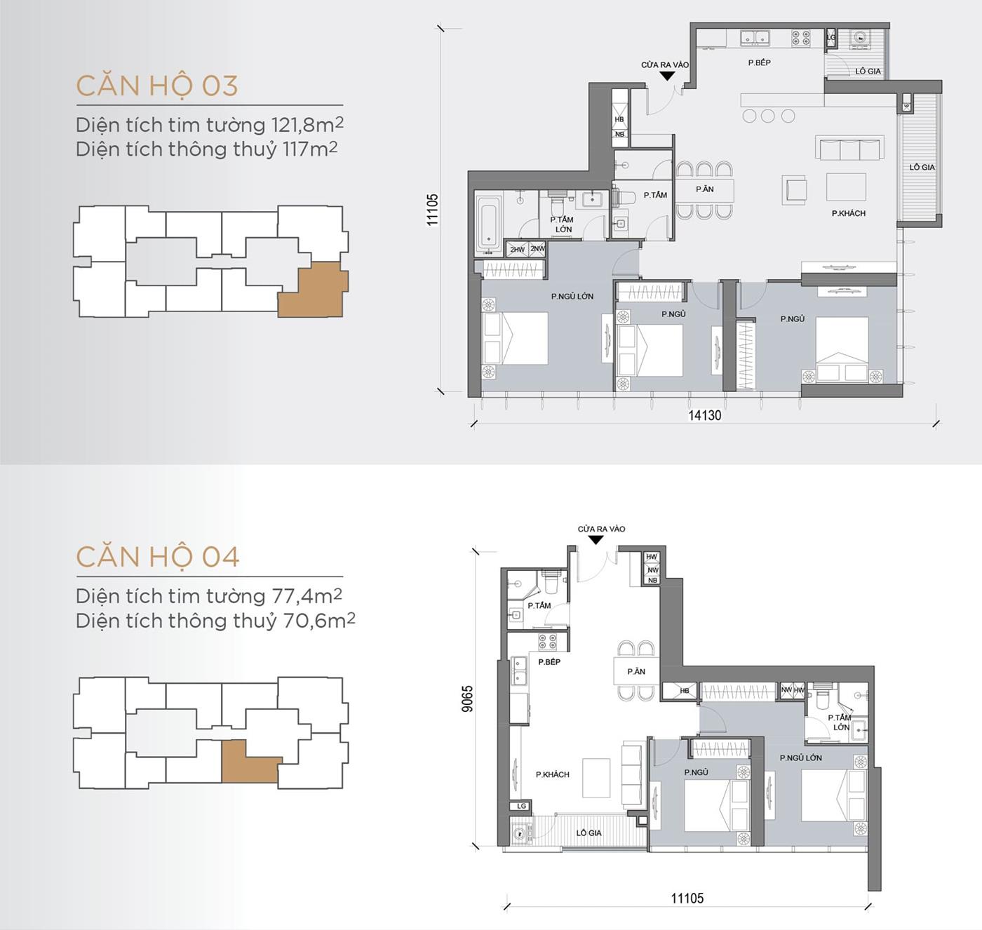 Layout thiết kế tầng điển hình Tòa Lux 6 loại Căn hộ 03, Căn hộ 04.