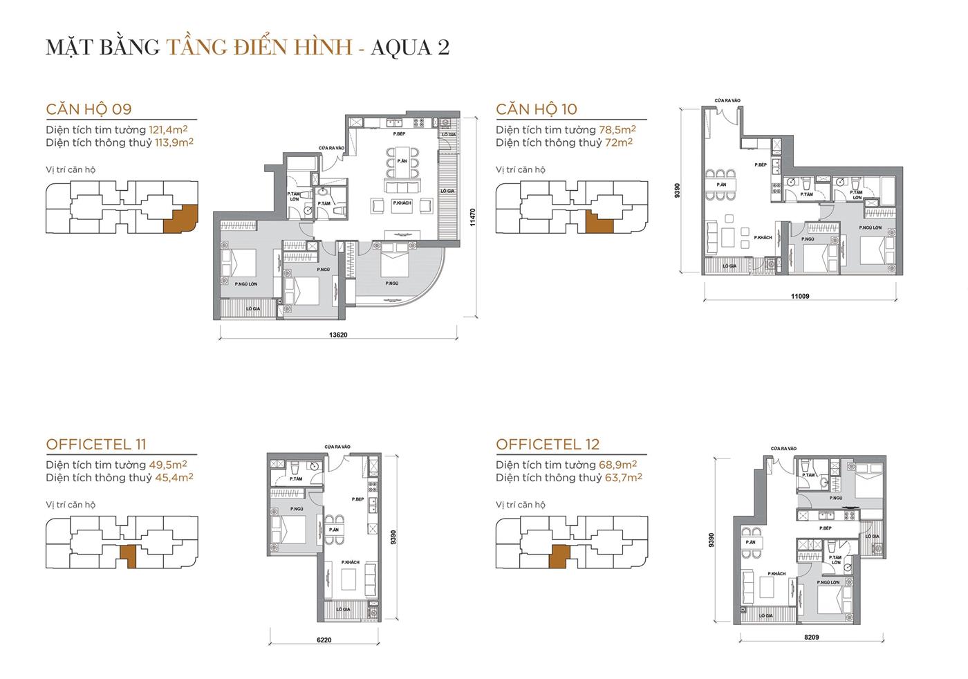 Layout thiết kế tầng điển hình Tòa Aqua 2 loại Căn hộ 09, Căn hộ 10, Officetel 11, Officetel 12.