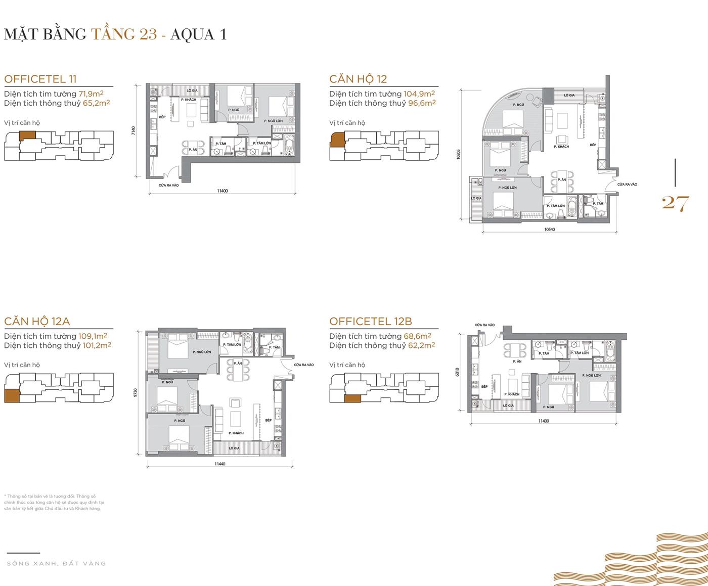 Layout thiết kế điển hình Tầng 23 Tòa Aqua 1 loại Officetel 11, Căn hộ 12, Căn hộ 12A, Officetel 12B.