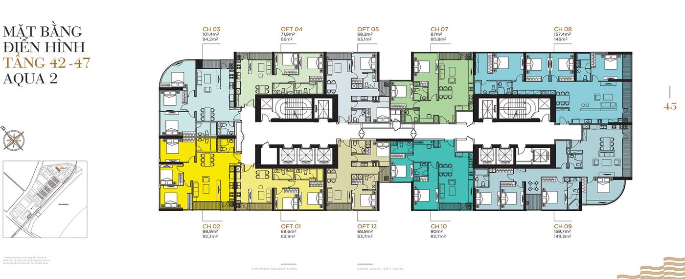 Măt bằng điển hình Tầng 42 đến Tầng 47 Tòa Aqua 2 Vinhomes Golden River.