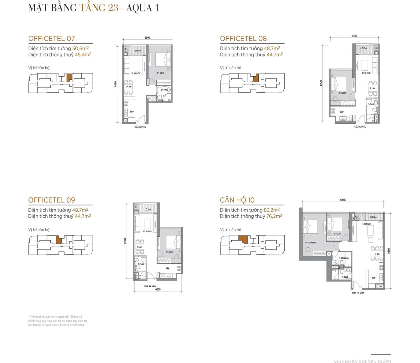 Layout thiết kế điển hình Tầng 23 Tòa Aqua 1 loại Officetel 07, Officetel 08, Officetel 09, Căn hộ 10.