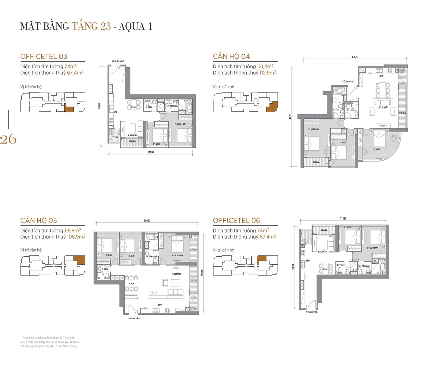 Layout thiết kế điển hình Tầng 23 Tòa Aqua 1 loại Officetel 03, Căn hộ 04, Căn hộ 05, Officetel 06.