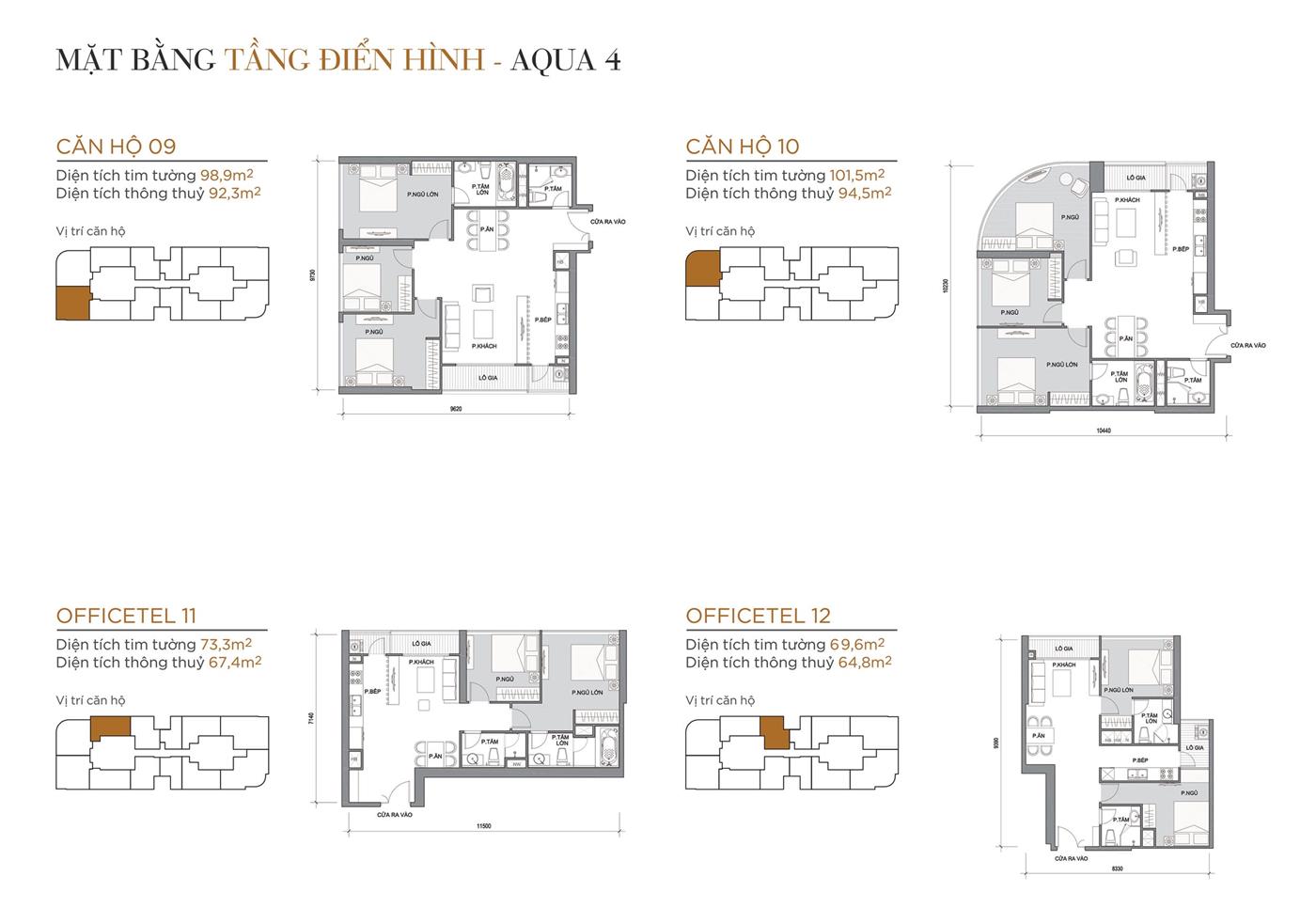 Layout thiết kế tầng điển hình Tòa Aqua 4 loại Căn hộ 09, Căn hộ 10, Officetel 11, Officetel 12.