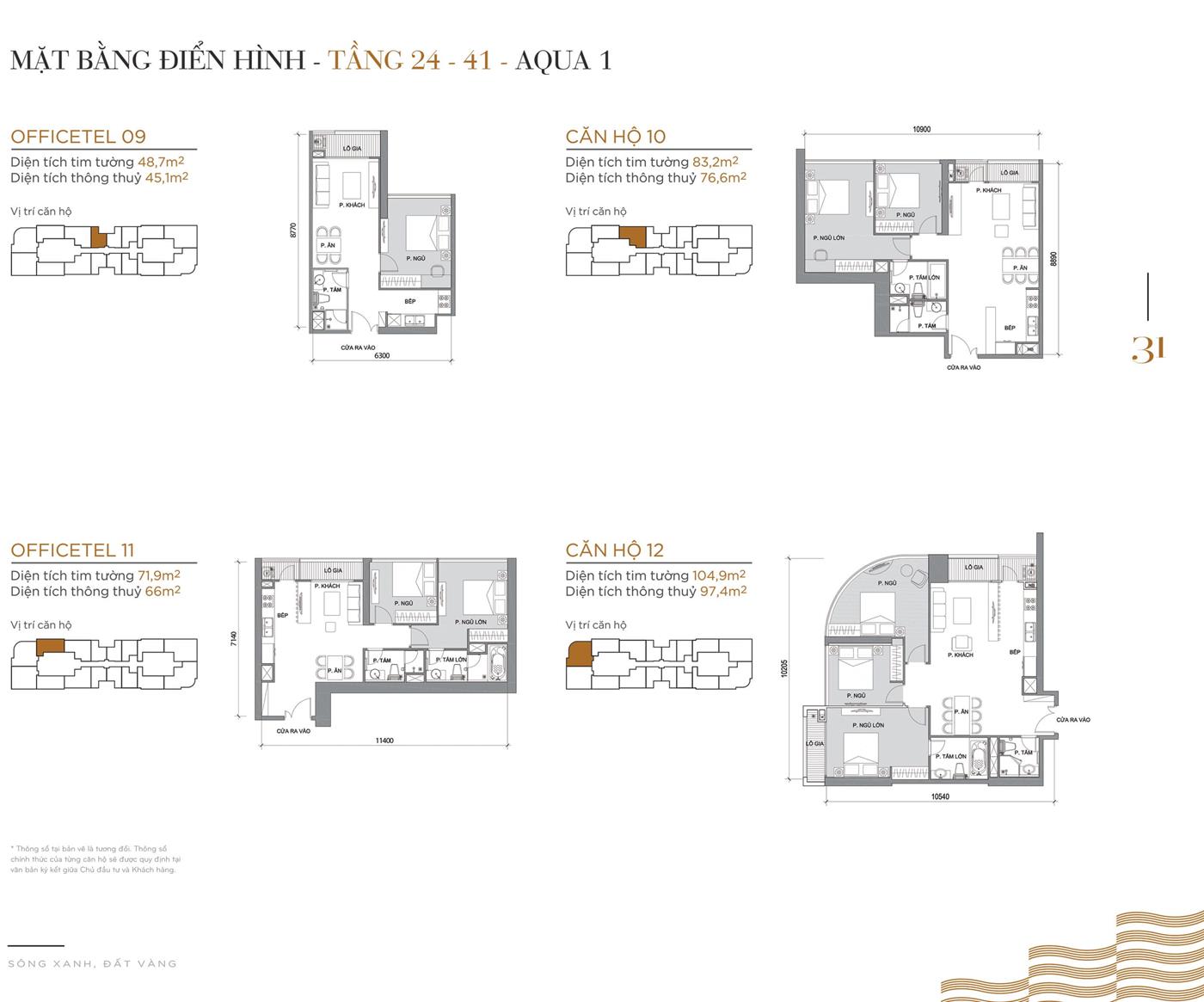 Layout thiết kế điển hình Tầng 24 đến Tầng 41 Tòa Aqua 1 loại Officetel 09, Căn hộ 10, Officetel 11, Căn hộ 12.