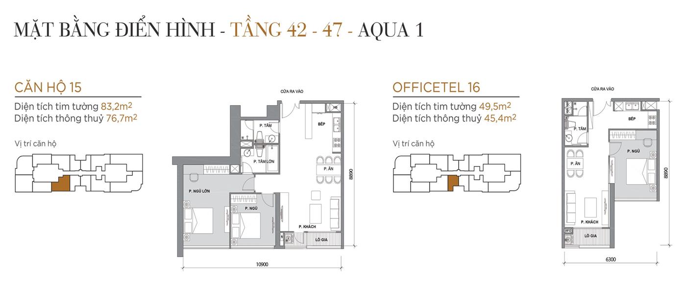 Layout thiết kế điển hình Tầng 42 đến Tầng 47 Tòa Aqua 1 loại Căn hộ 15, Officetel 16.