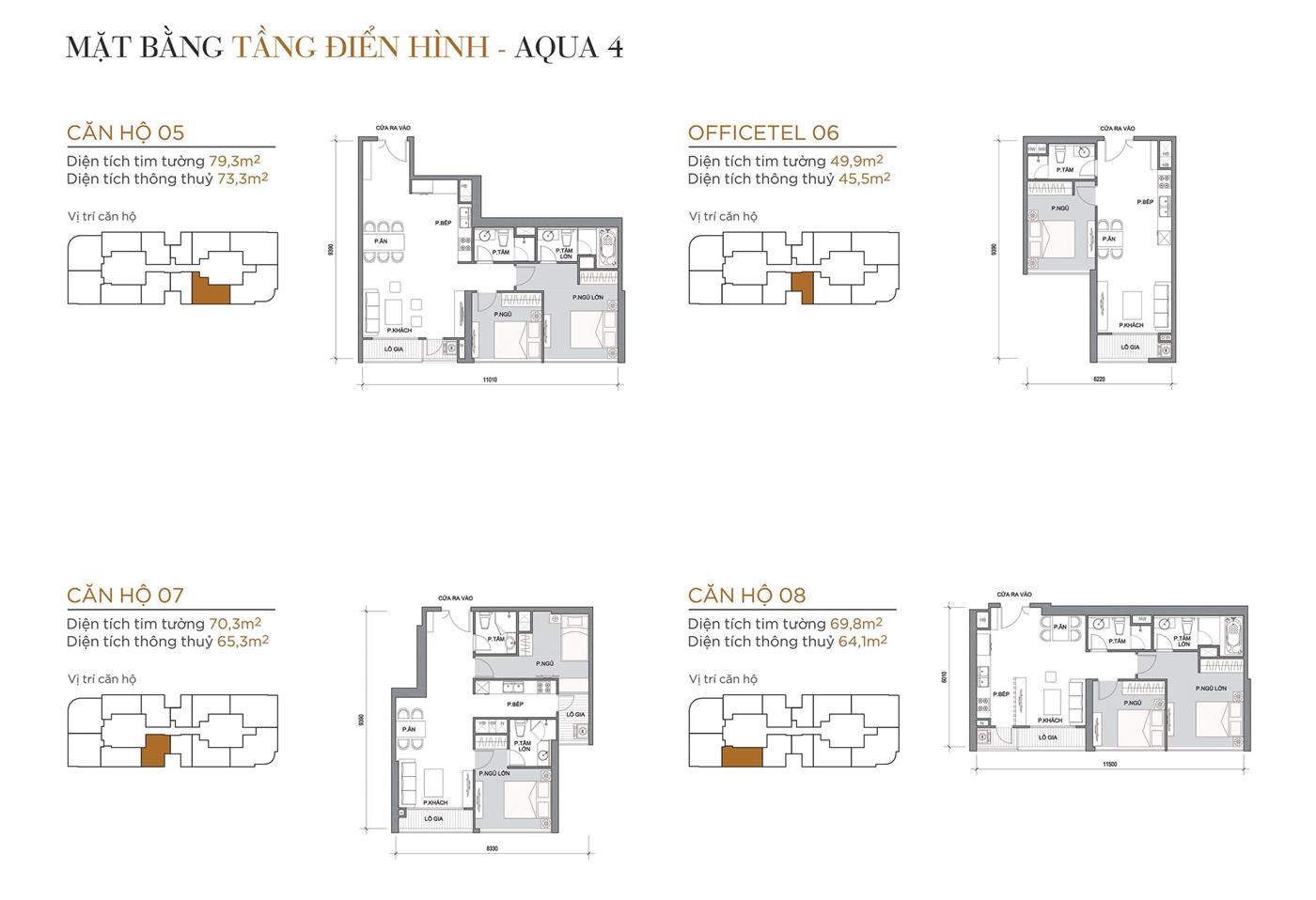 Layout thiết kế tầng điển hình Tòa Aqua 4 loại Căn hộ 05, Officetel 06, Căn hộ 07, Căn hộ 08.