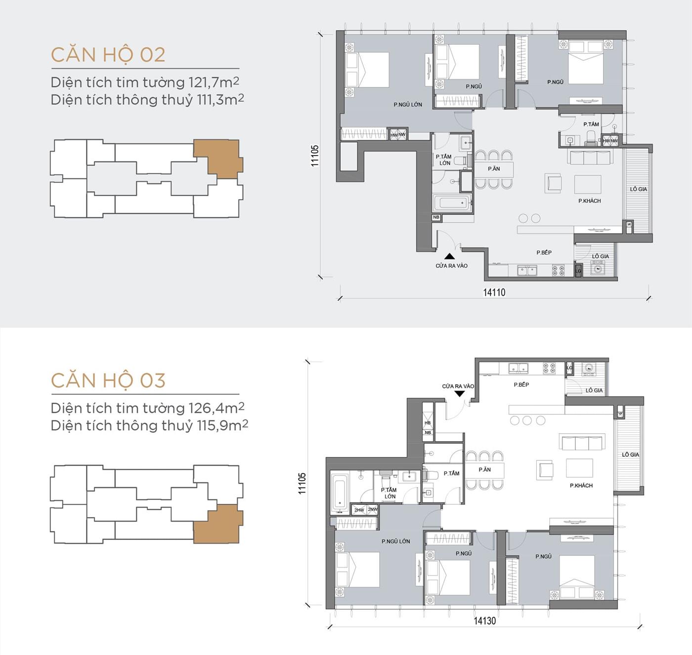 Layout thiết kế điển hình Tầng 23 Tòa Lux 6 loại Căn hộ 02, Căn hộ 03.