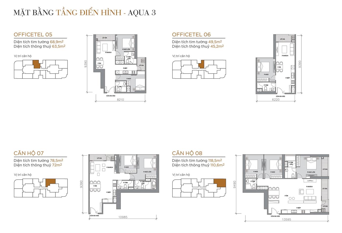 Layout thiết kế tầng điển hình Tòa Aqua 3 loại Officetel 05, Officetel 06, Căn hộ 07, Căn hộ 08.