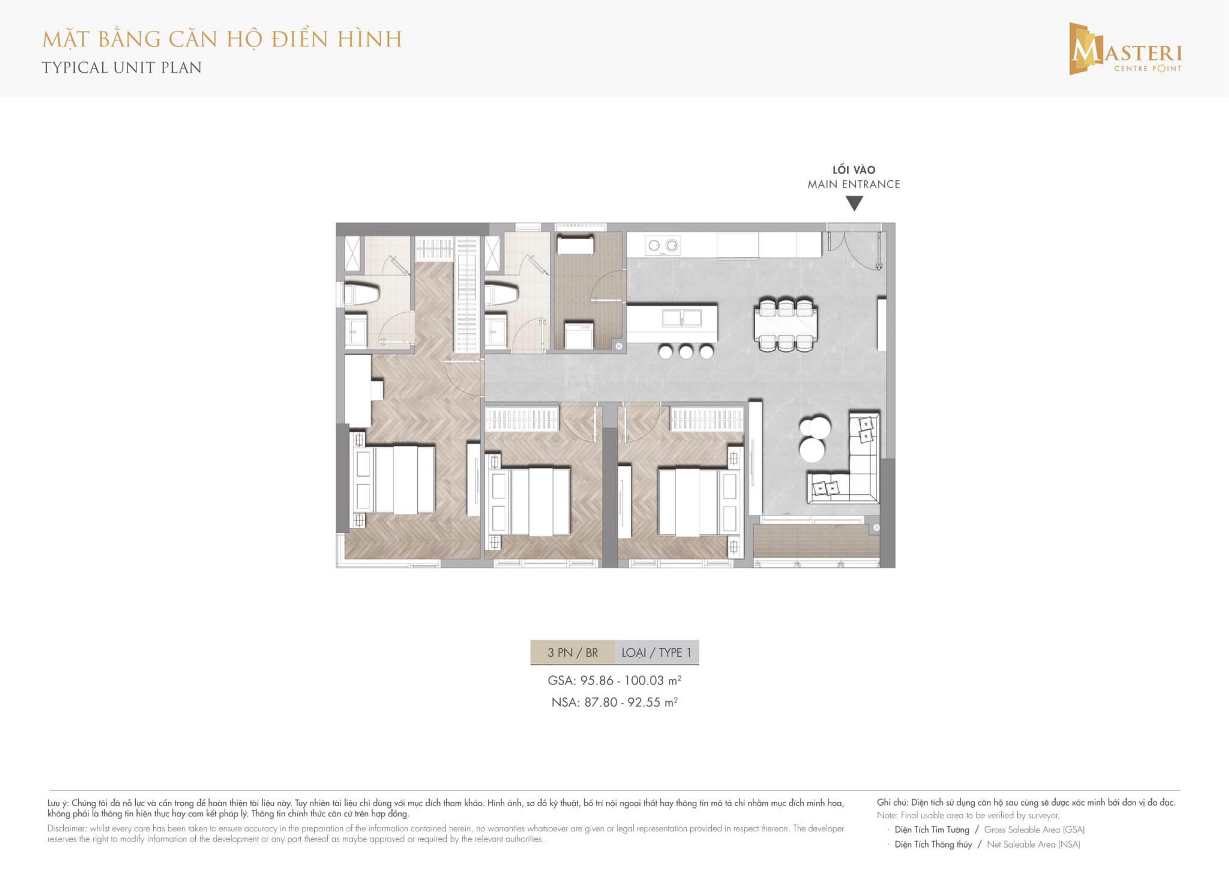 Layout thiết kế căn hộ 3PN Masteri Centre Point