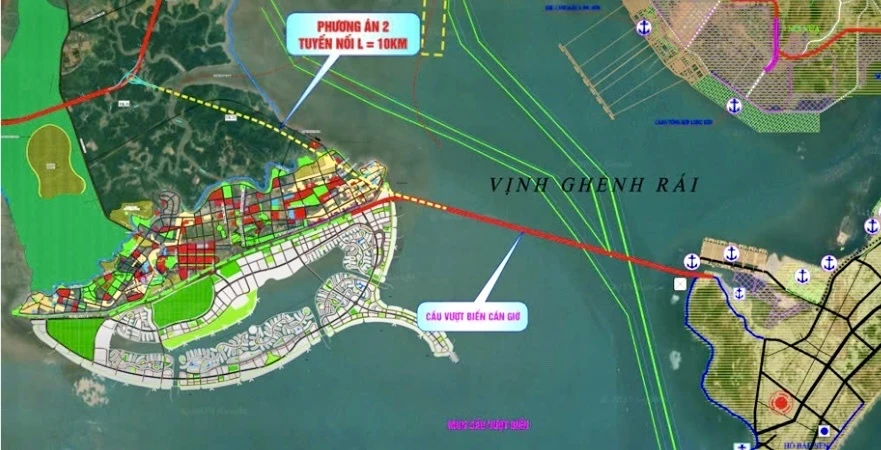 Vị trí đề xuất làm cầu vượt biển Cần Giờ trên bản đồ theo phương án 2 của Sở Giao thông công chánh TP.HCM về đường ven biển phía nam TP.HCM. Ảnh: TEDI.
