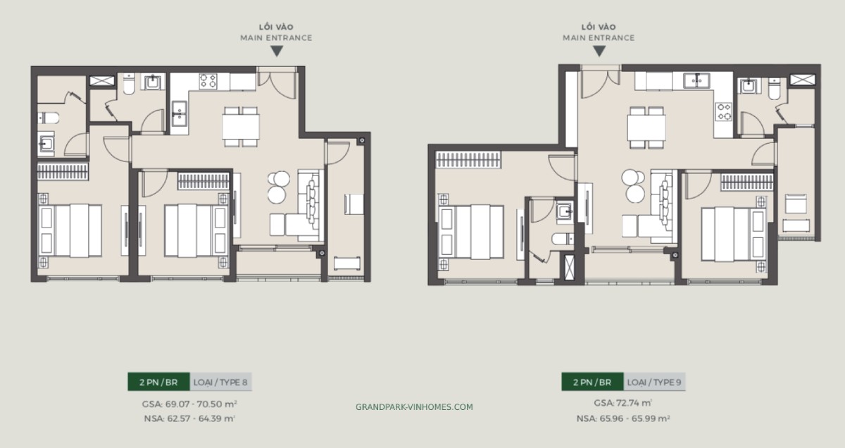 Mặt bằng thiết kế chi tiết căn hộ 2PN loại 8-9