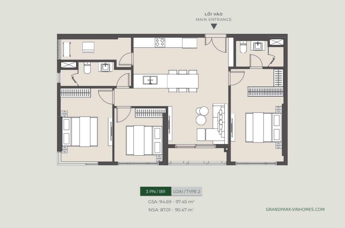 Mặt bằng thiết kế chi tiết căn hộ 3PN loại 2