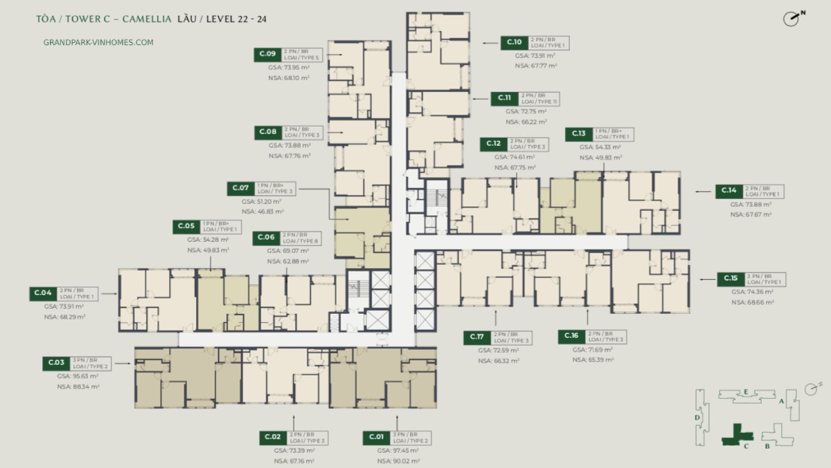 Mặt bằng tầng điển hình tòa C lầu 22-24