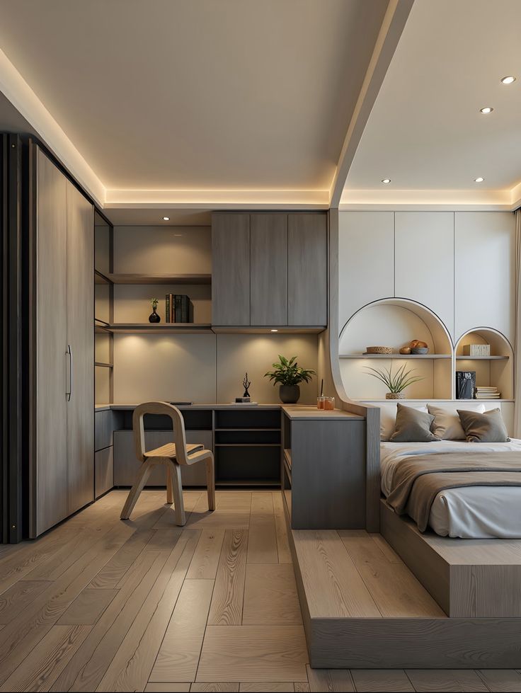 Phòng làm việc kết hợp với phòng ngủ, tối ưu không gian, ngăn cách bởi bàn học