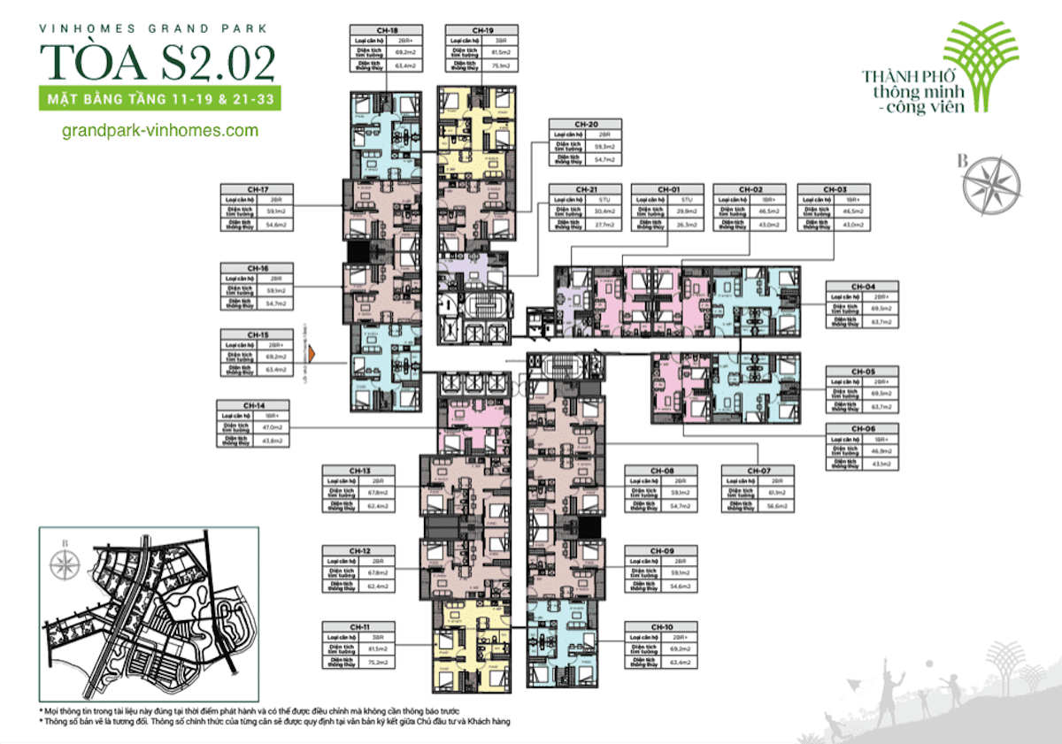 Mặt bằng tầng 11-19 và 21-33 toà S2.02 - The Rainbow